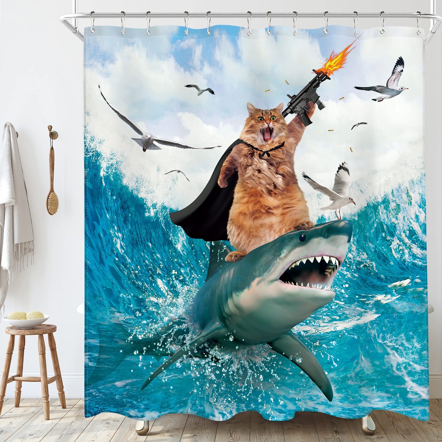 Homewelle Funny Dog Corgi Ocean Shower Curtain Riding Shark 72Wx72H Inch Sea Waves Seagull Fish Cool Animal Surfing Blue Cute Kids Waterproof Polyester Fabric Bathroom Bathtub