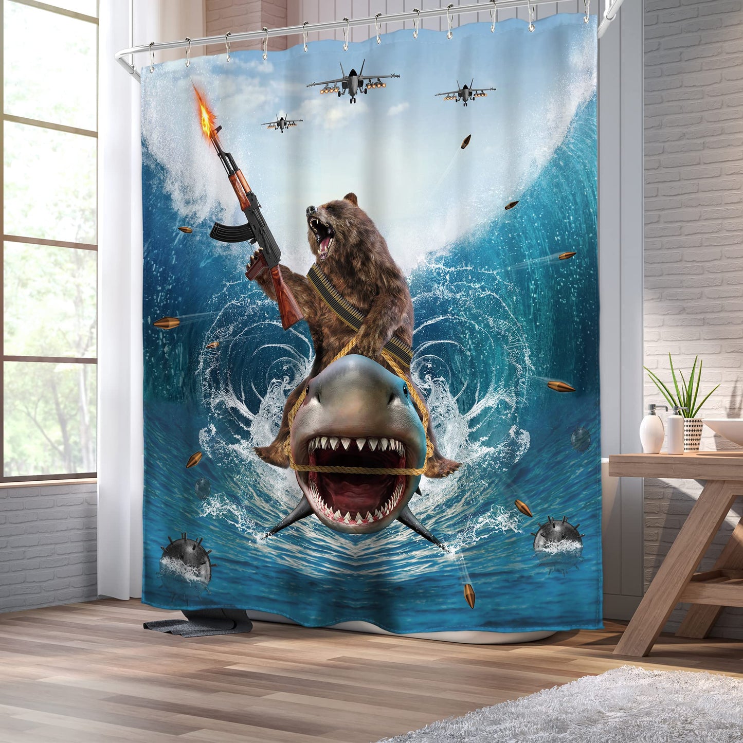 Homewelle Funny Dog Corgi Ocean Shower Curtain Riding Shark 72Wx72H Inch Sea Waves Seagull Fish Cool Animal Surfing Blue Cute Kids Waterproof Polyester Fabric Bathroom Bathtub