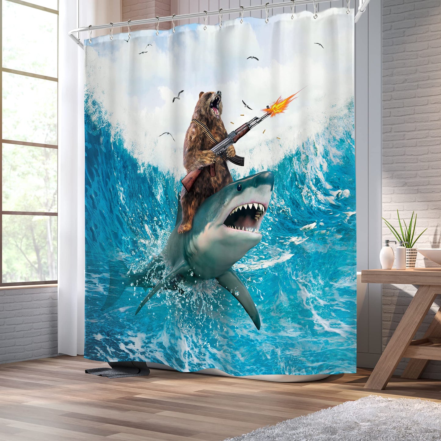 Homewelle Funny Dog Corgi Ocean Shower Curtain Riding Shark 72Wx72H Inch Sea Waves Seagull Fish Cool Animal Surfing Blue Cute Kids Waterproof Polyester Fabric Bathroom Bathtub