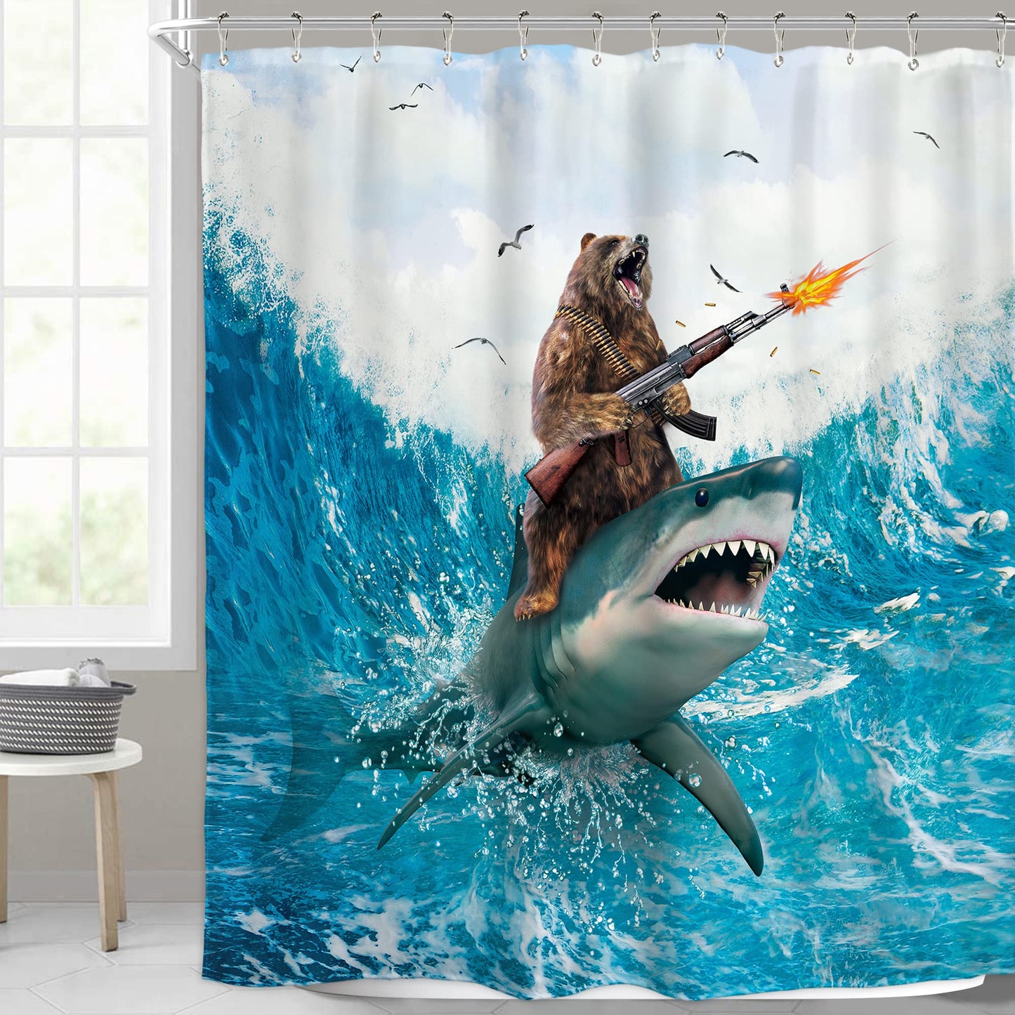 Homewelle Funny Dog Corgi Ocean Shower Curtain Riding Shark 72Wx72H Inch Sea Waves Seagull Fish Cool Animal Surfing Blue Cute Kids Waterproof Polyester Fabric Bathroom Bathtub