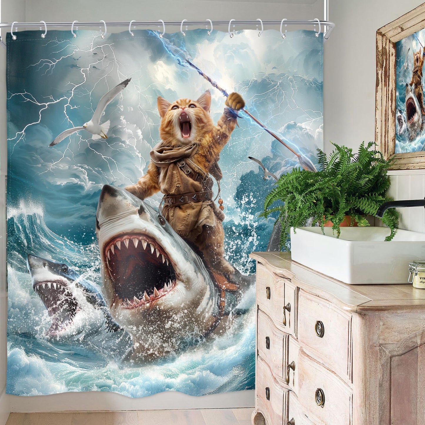 Homewelle Funny Dog Corgi Ocean Shower Curtain Riding Shark 72Wx72H Inch Sea Waves Seagull Fish Cool Animal Surfing Blue Cute Kids Waterproof Polyester Fabric Bathroom Bathtub