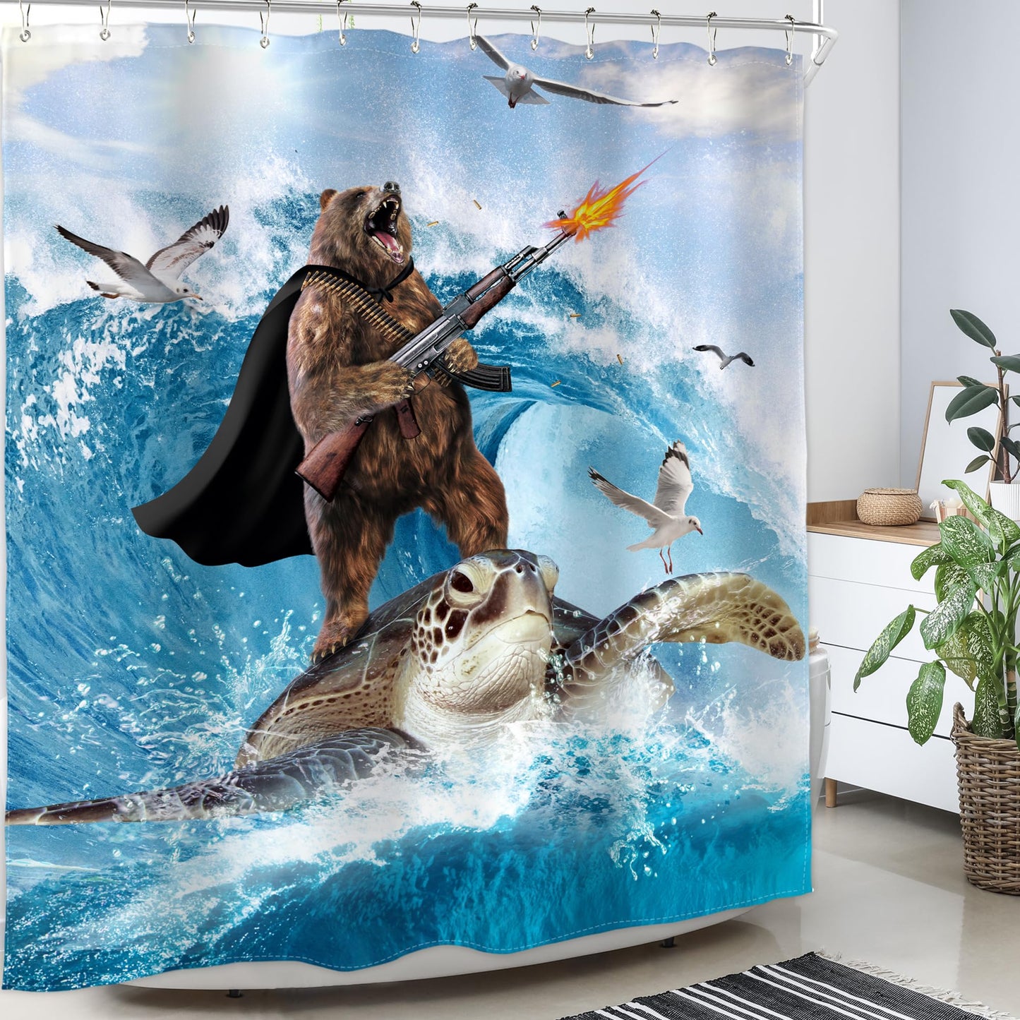 Homewelle Funny Dog Corgi Ocean Shower Curtain Riding Shark 72Wx72H Inch Sea Waves Seagull Fish Cool Animal Surfing Blue Cute Kids Waterproof Polyester Fabric Bathroom Bathtub