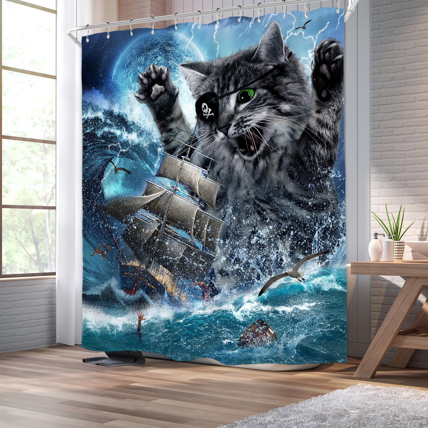 Homewelle Funny Dog Corgi Ocean Shower Curtain Riding Shark 72Wx72H Inch Sea Waves Seagull Fish Cool Animal Surfing Blue Cute Kids Waterproof Polyester Fabric Bathroom Bathtub