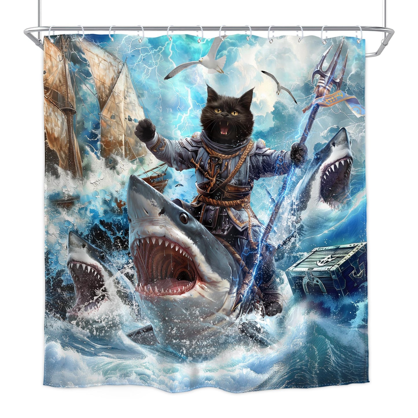 Homewelle Funny Dog Corgi Ocean Shower Curtain Riding Shark 72Wx72H Inch Sea Waves Seagull Fish Cool Animal Surfing Blue Cute Kids Waterproof Polyester Fabric Bathroom Bathtub