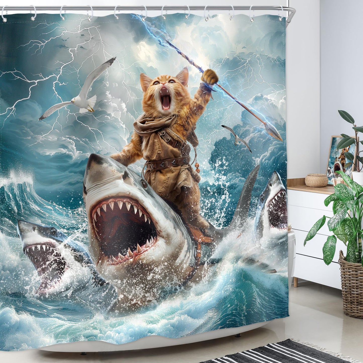 Homewelle Funny Dog Corgi Ocean Shower Curtain Riding Shark 72Wx72H Inch Sea Waves Seagull Fish Cool Animal Surfing Blue Cute Kids Waterproof Polyester Fabric Bathroom Bathtub