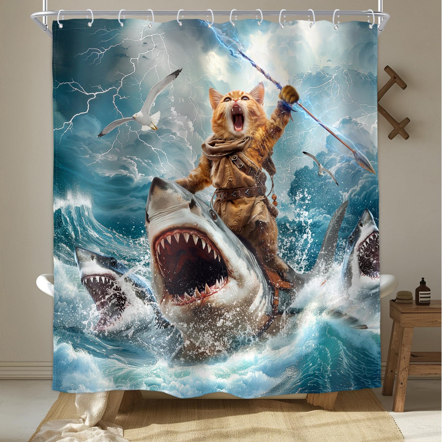 Homewelle Funny Dog Corgi Ocean Shower Curtain Riding Shark 72Wx72H Inch Sea Waves Seagull Fish Cool Animal Surfing Blue Cute Kids Waterproof Polyester Fabric Bathroom Bathtub