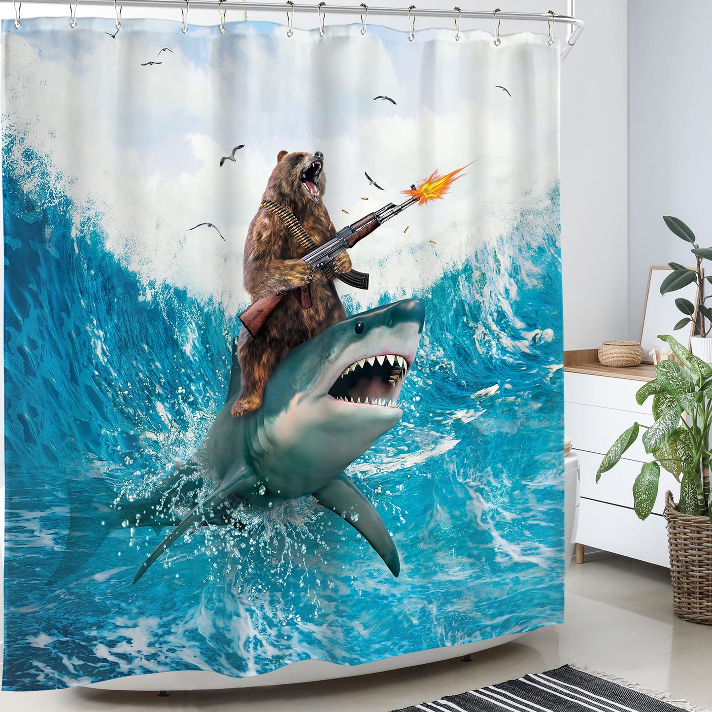 Homewelle Funny Dog Corgi Ocean Shower Curtain Riding Shark 72Wx72H Inch Sea Waves Seagull Fish Cool Animal Surfing Blue Cute Kids Waterproof Polyester Fabric Bathroom Bathtub