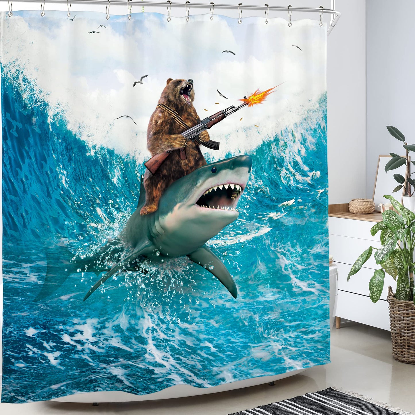 Homewelle Funny Dog Corgi Ocean Shower Curtain Riding Shark 72Wx72H Inch Sea Waves Seagull Fish Cool Animal Surfing Blue Cute Kids Waterproof Polyester Fabric Bathroom Bathtub