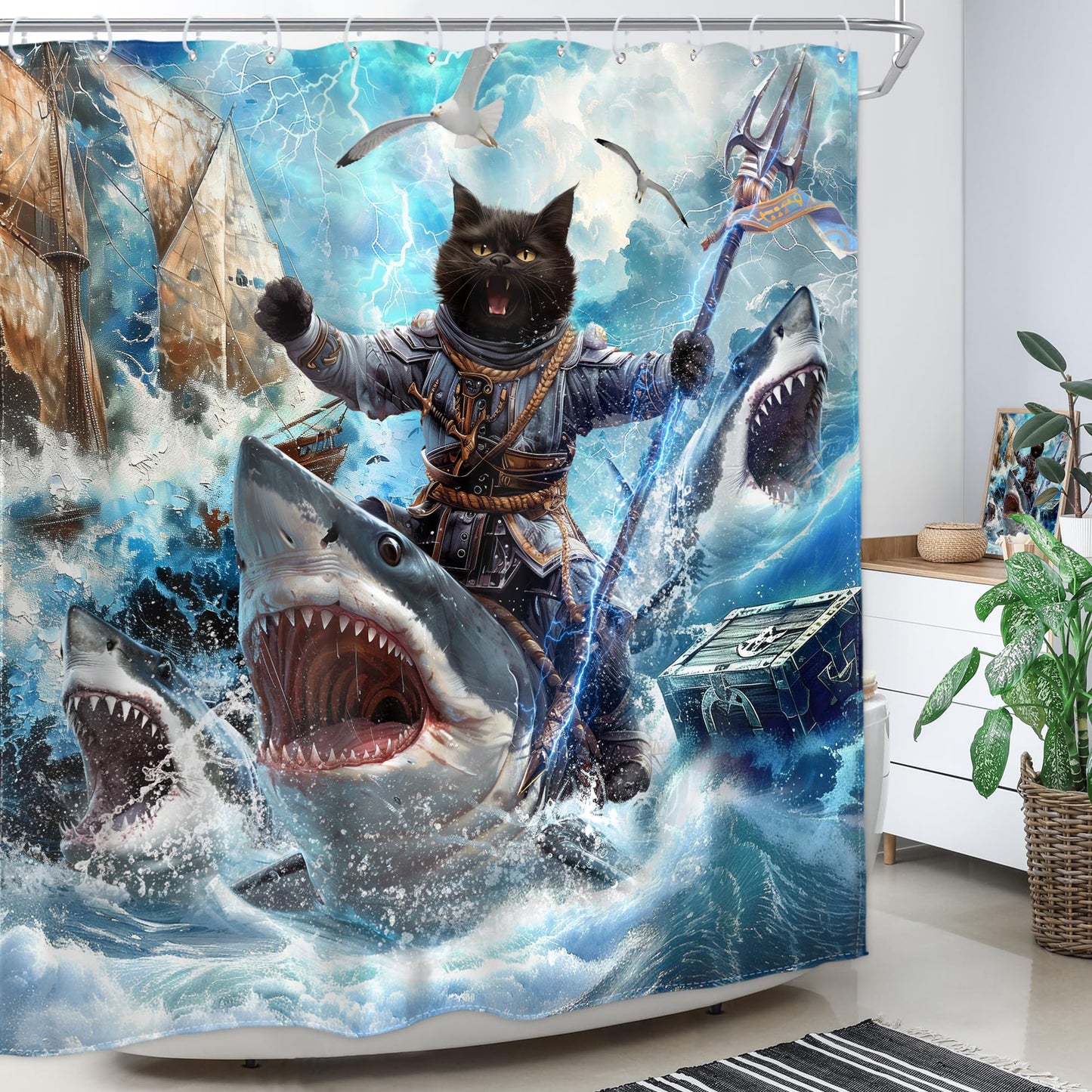 Homewelle Funny Dog Corgi Ocean Shower Curtain Riding Shark 72Wx72H Inch Sea Waves Seagull Fish Cool Animal Surfing Blue Cute Kids Waterproof Polyester Fabric Bathroom Bathtub