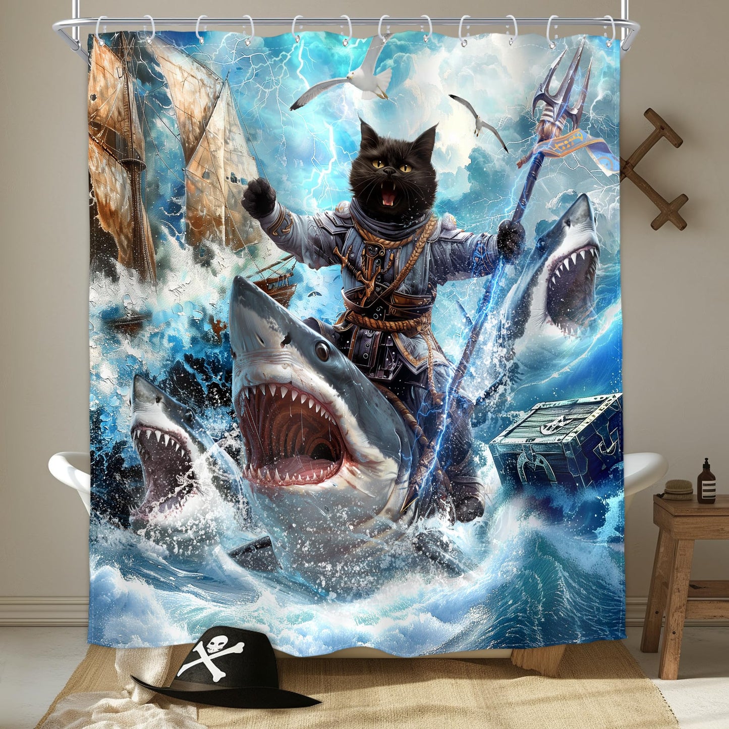 Homewelle Funny Dog Corgi Ocean Shower Curtain Riding Shark 72Wx72H Inch Sea Waves Seagull Fish Cool Animal Surfing Blue Cute Kids Waterproof Polyester Fabric Bathroom Bathtub