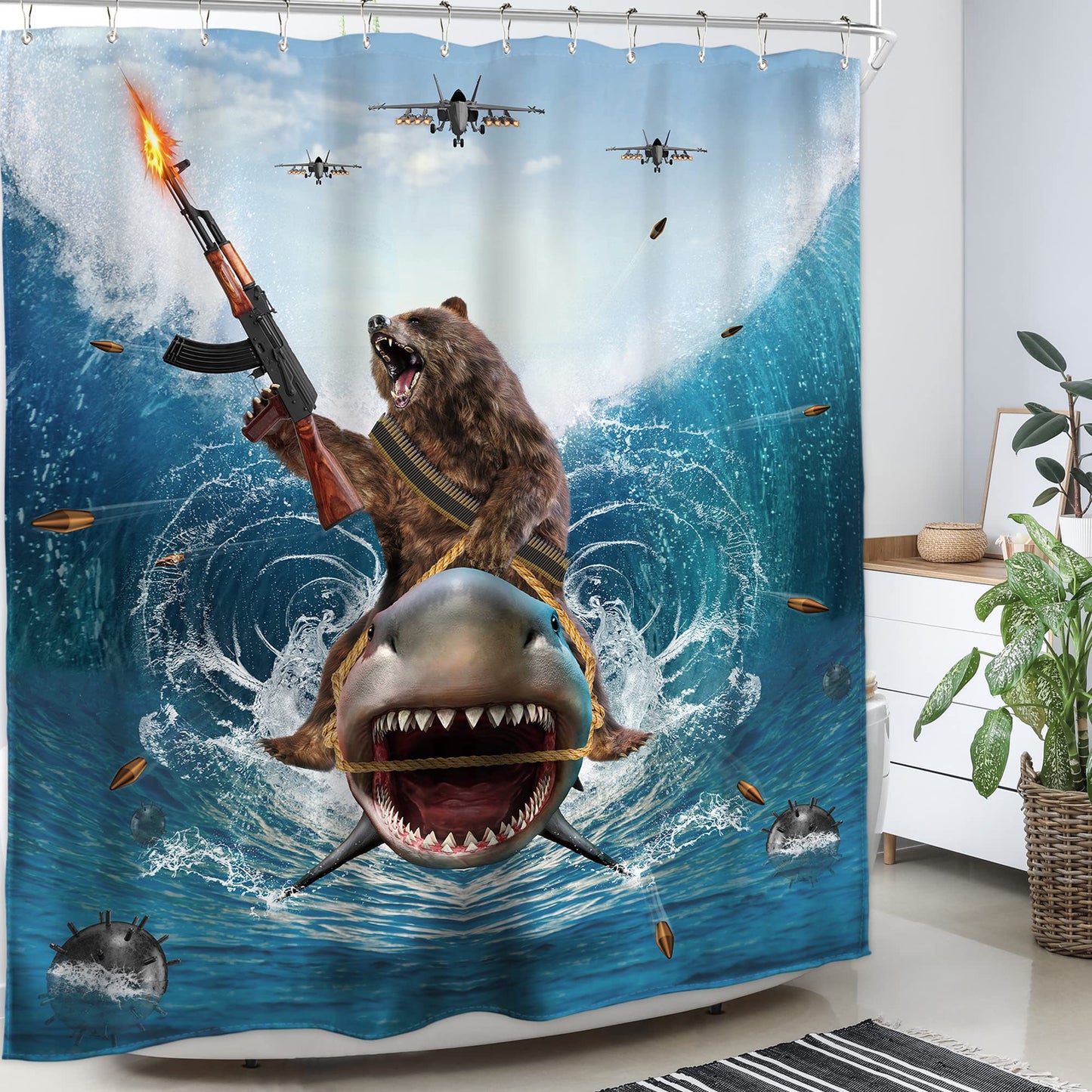 Homewelle Funny Dog Corgi Ocean Shower Curtain Riding Shark 72Wx72H Inch Sea Waves Seagull Fish Cool Animal Surfing Blue Cute Kids Waterproof Polyester Fabric Bathroom Bathtub